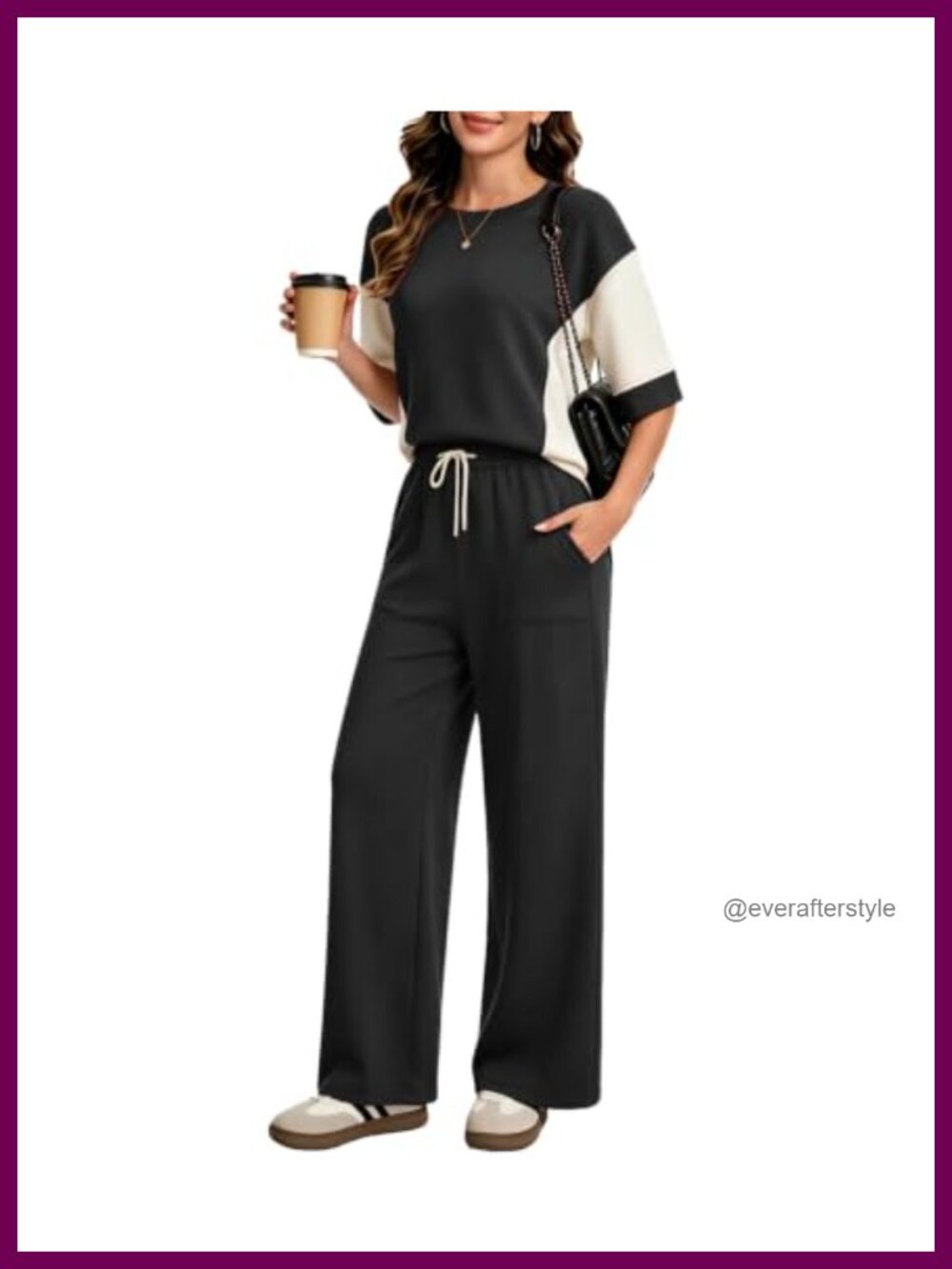 Two Piece Lounge Set Short Sleeve Top Wide Leg Pants Travel Casual Outfit